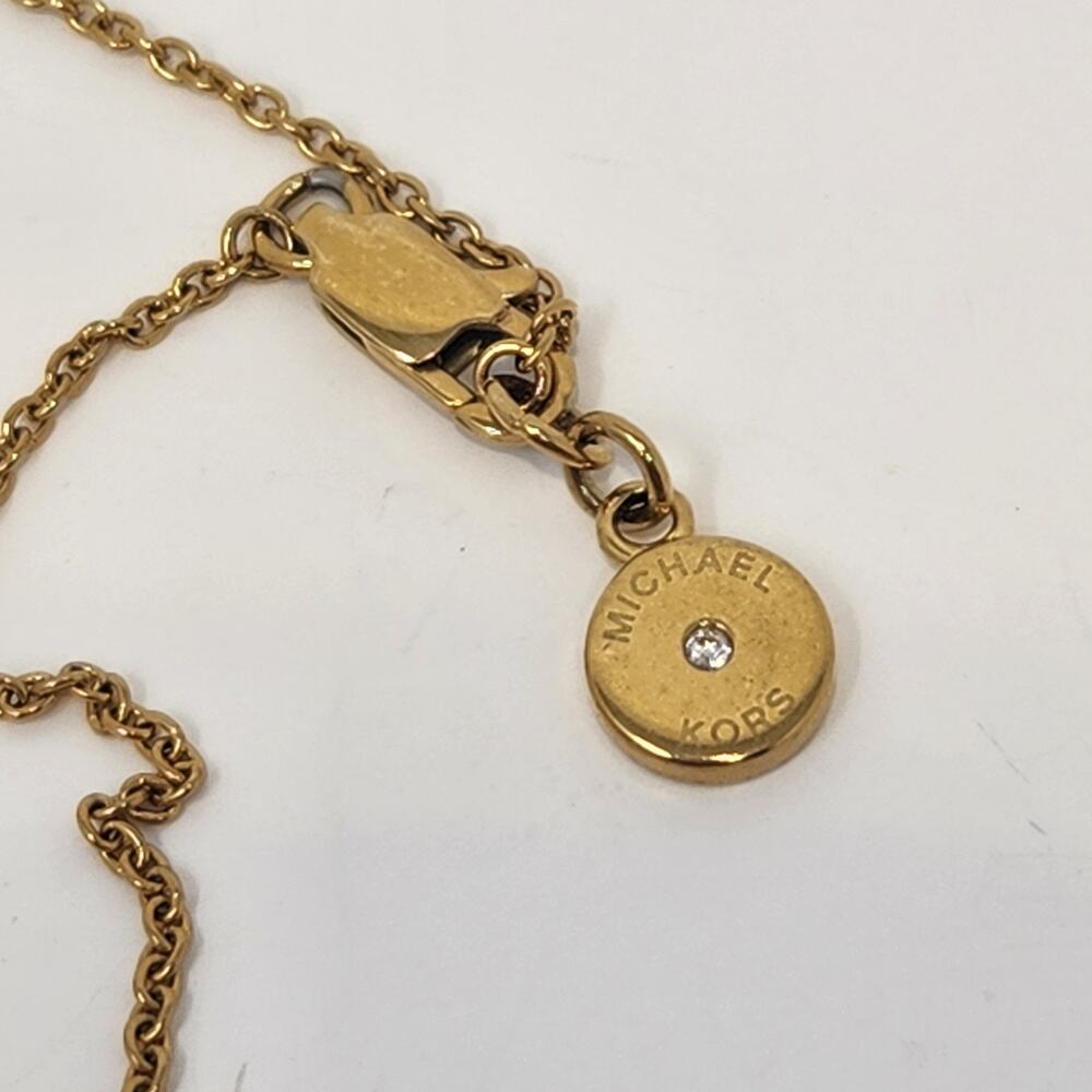 Michael Kors Gold Tone Acetate Logo Dog Tag Pendant Necklace Long Chain Designer - Picture 4 of 6